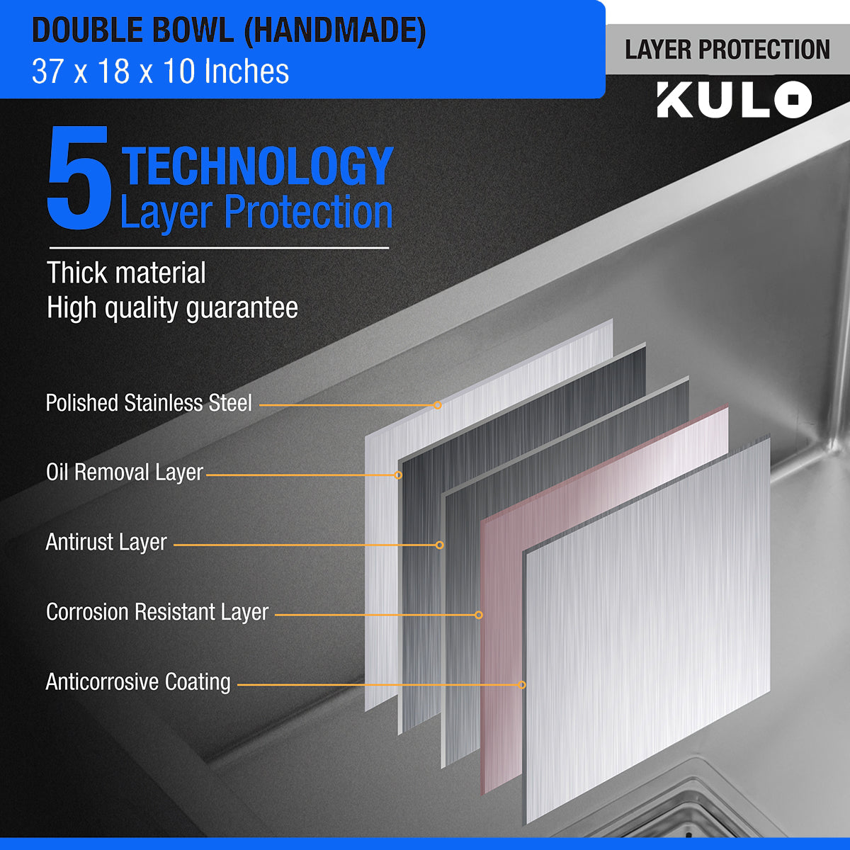 Handmade Double Bowl Premium Stainless Steel Kitchen Sink (37 x 18 x 10 Inches) with tap hole - by Kulo™