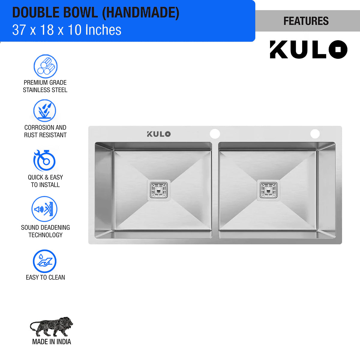 Handmade Double Bowl Premium Stainless Steel Kitchen Sink (37 x 18 x 10 Inches) with tap hole - by Kulo™