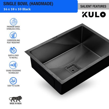 Black Handmade Single Bowl Premium Stainless Steel Kitchen Sink (16x 18 x 10 Inches) - by Kulo™