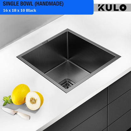 Black Handmade Single Bowl Premium Stainless Steel Kitchen Sink (16x 18 x 10 Inches) - by Kulo™