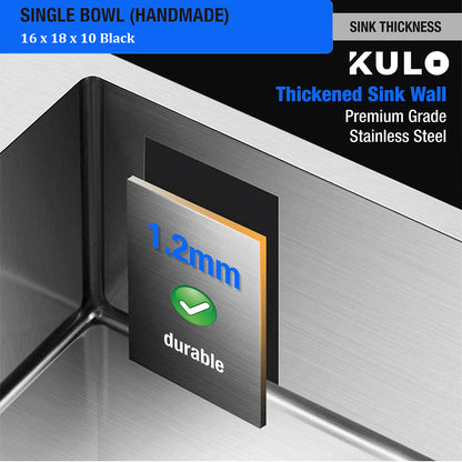 Black Handmade Single Bowl Premium Stainless Steel Kitchen Sink (16x 18 x 10 Inches) - by Kulo™