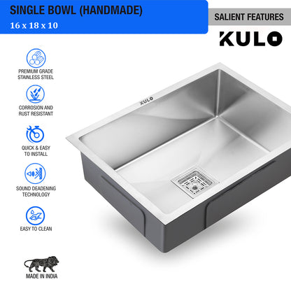 Handmade Single Bowl Premium Stainless Steel Kitchen Sink (16 x 18 x 10 Inches) - by Kulo™