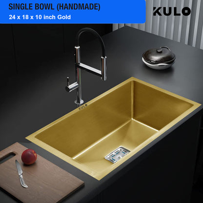 Gold Handmade Single Bowl Premium Stainless Steel Kitchen Sink (24x 18 x 10 Inches) - by Kulo™