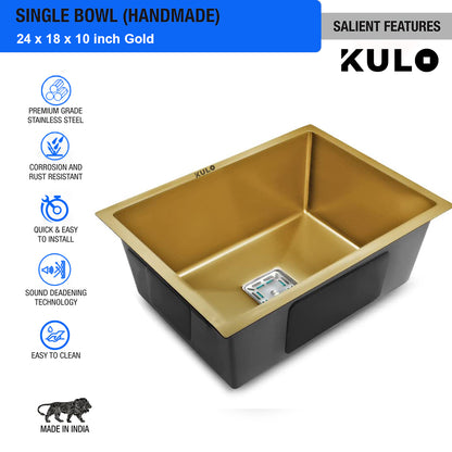 Gold Handmade Single Bowl Premium Stainless Steel Kitchen Sink (24x 18 x 10 Inches) - by Kulo™