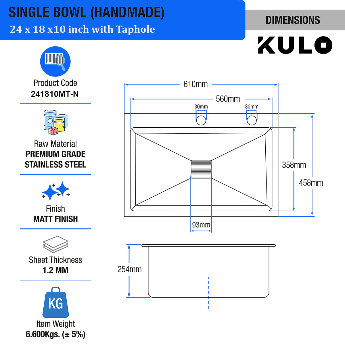 Handmade Single Bowl Premium Stainless Steel Kitchen Sink (24 x 18 x 10 Inches) with tap hole - by Kulo™