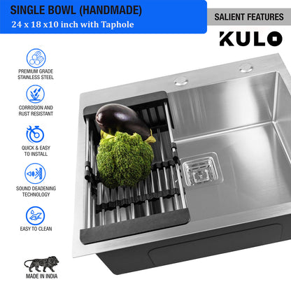 Handmade Single Bowl Premium Stainless Steel Kitchen Sink (24 x 18 x 10 Inches) with tap hole - by Kulo™