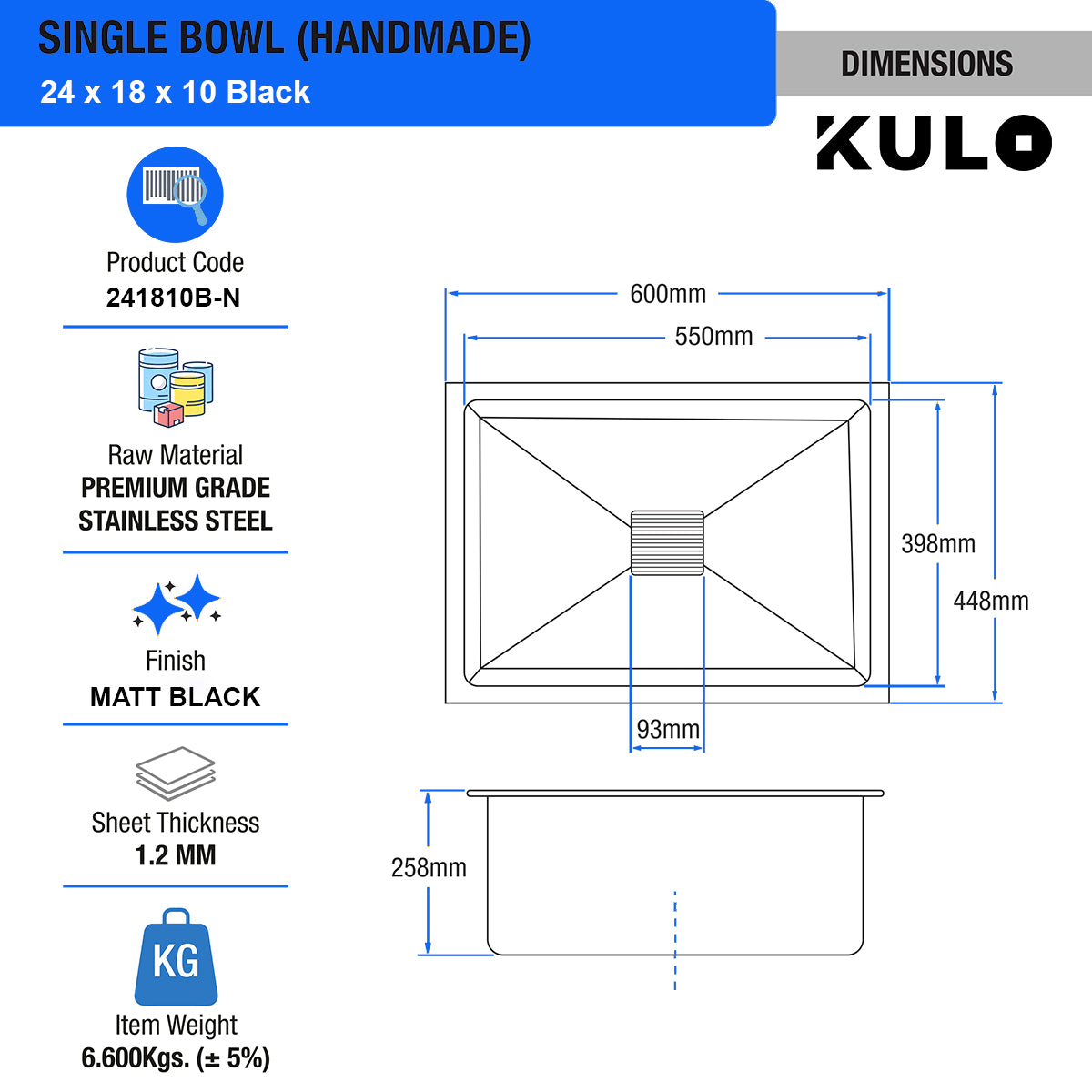 Black Handmade Single Bowl Premium Stainless Steel Kitchen Sink (24x 18 x 10 Inches) - by Kulo™