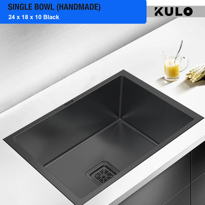 Black Handmade Single Bowl Premium Stainless Steel Kitchen Sink (24x 18 x 10 Inches) - by Kulo™