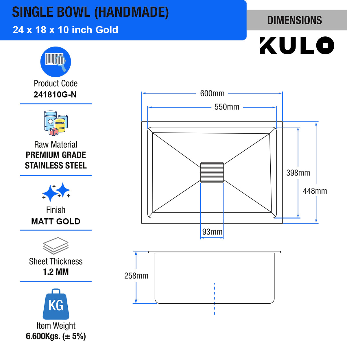 Gold Handmade Single Bowl Premium Stainless Steel Kitchen Sink (24x 18 x 10 Inches) - by Kulo™