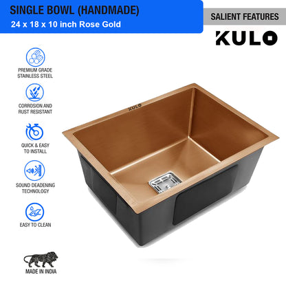 RoseGold Handmade Single Bowl Premium Stainless Steel Kitchen Sink (24x 18 x 10 Inches) - by Kulo™