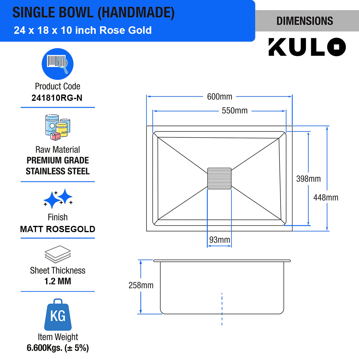 RoseGold Handmade Single Bowl Premium Stainless Steel Kitchen Sink (24x 18 x 10 Inches) - by Kulo™