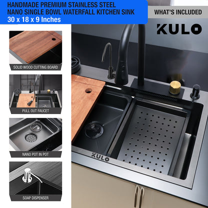 Handmade Premium Nano Kitchen Sink with Integrated Waterfall, Pull-Out & RO Faucet (30 x 18 x 9 Inches) - by Kulo ™