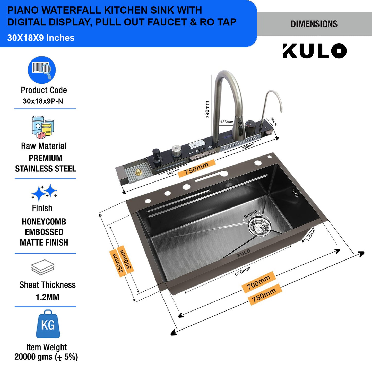 Piano Waterfall Kitchen Sink with Digital Display, Pull-out Faucet & RO Tap (30 x 18 x 9 inches) - by Kulo™