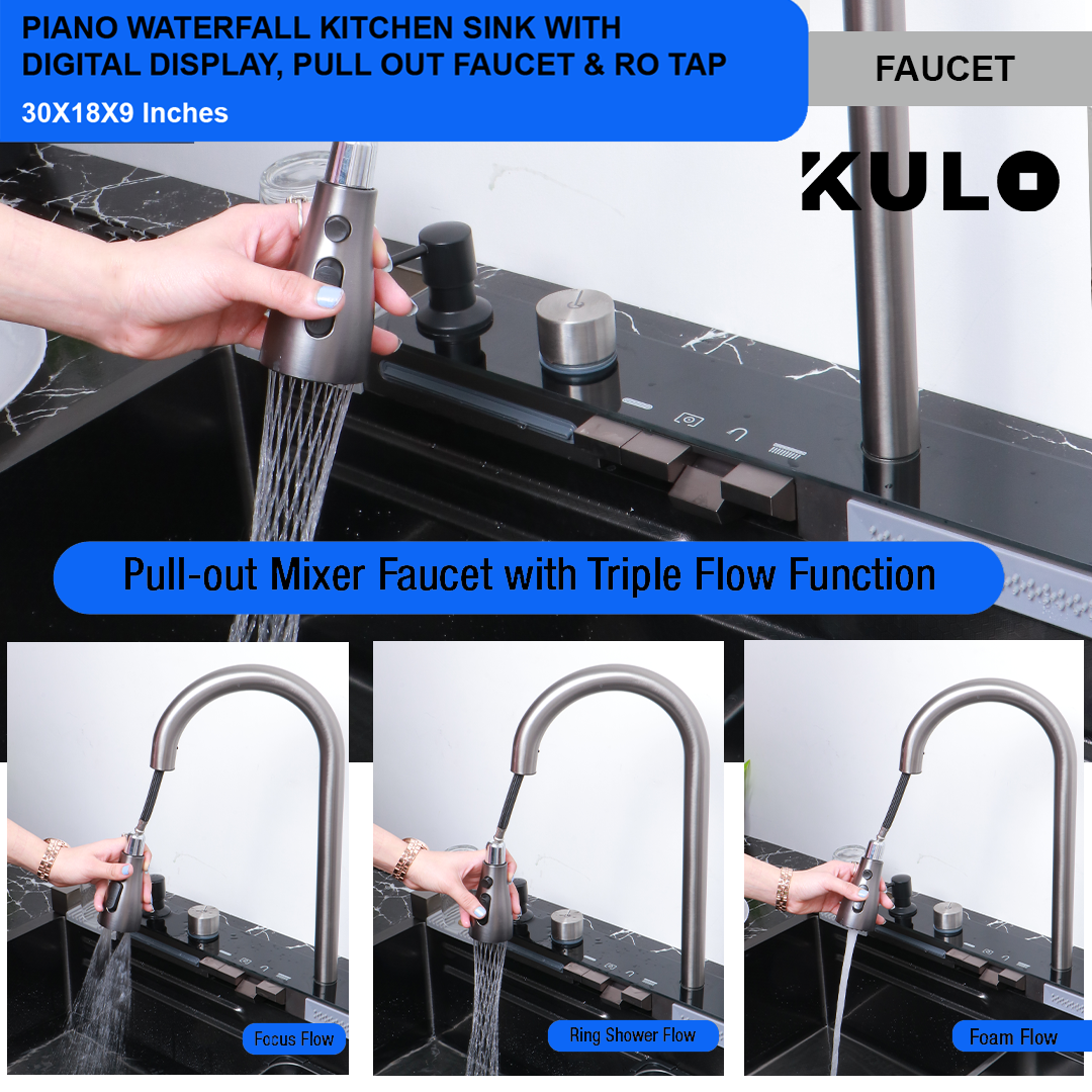 Piano Waterfall Kitchen Sink with Digital Display, Pull-out Faucet & RO Tap (30 x 18 x 9 inches) - by Kulo™