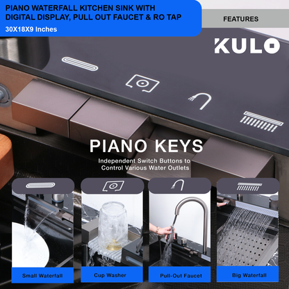 Piano Waterfall Kitchen Sink with Digital Display, Pull-out Faucet & RO Tap (30 x 18 x 9 inches) - by Kulo™