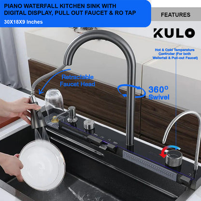 Piano Waterfall Kitchen Sink with Digital Display, Pull-out Faucet & RO Tap (30 x 18 x 9 inches) - by Kulo™