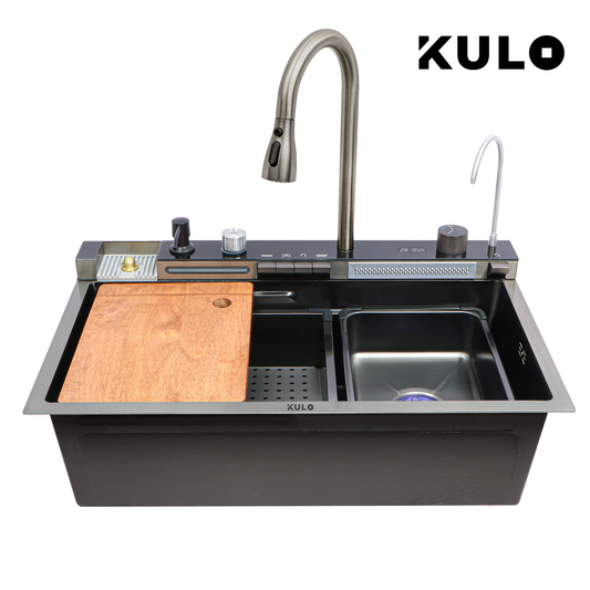 Piano Waterfall Kitchen Sink with Digital Display, Pull-out Faucet & RO Tap (30 x 18 x 9 inches) - by Kulo™