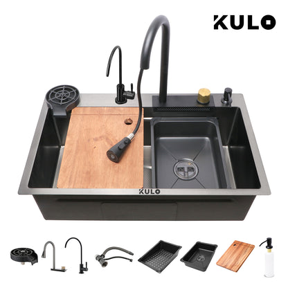 Handmade Premium Nano Kitchen Sink with Integrated Waterfall, Pull-Out & RO Faucet (30 x 18 x 9 Inches) - by Kulo ™