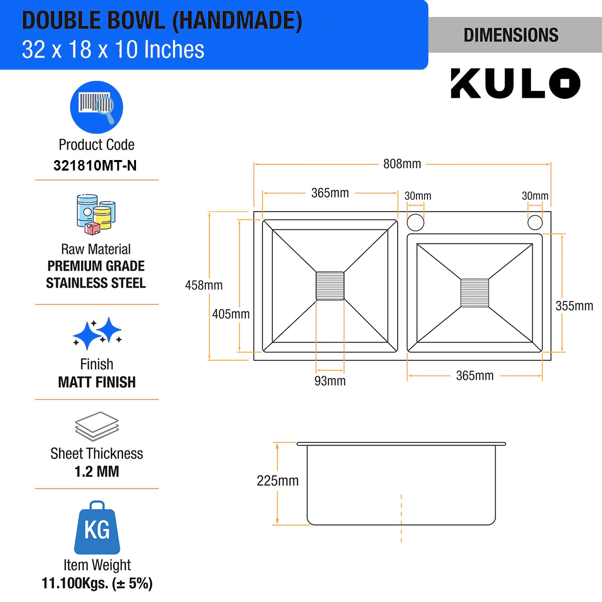 Handmade Double Bowl Premium Stainless Steel Kitchen Sink (32 x 18 x 10 Inches) with tap hole - by Kulo™