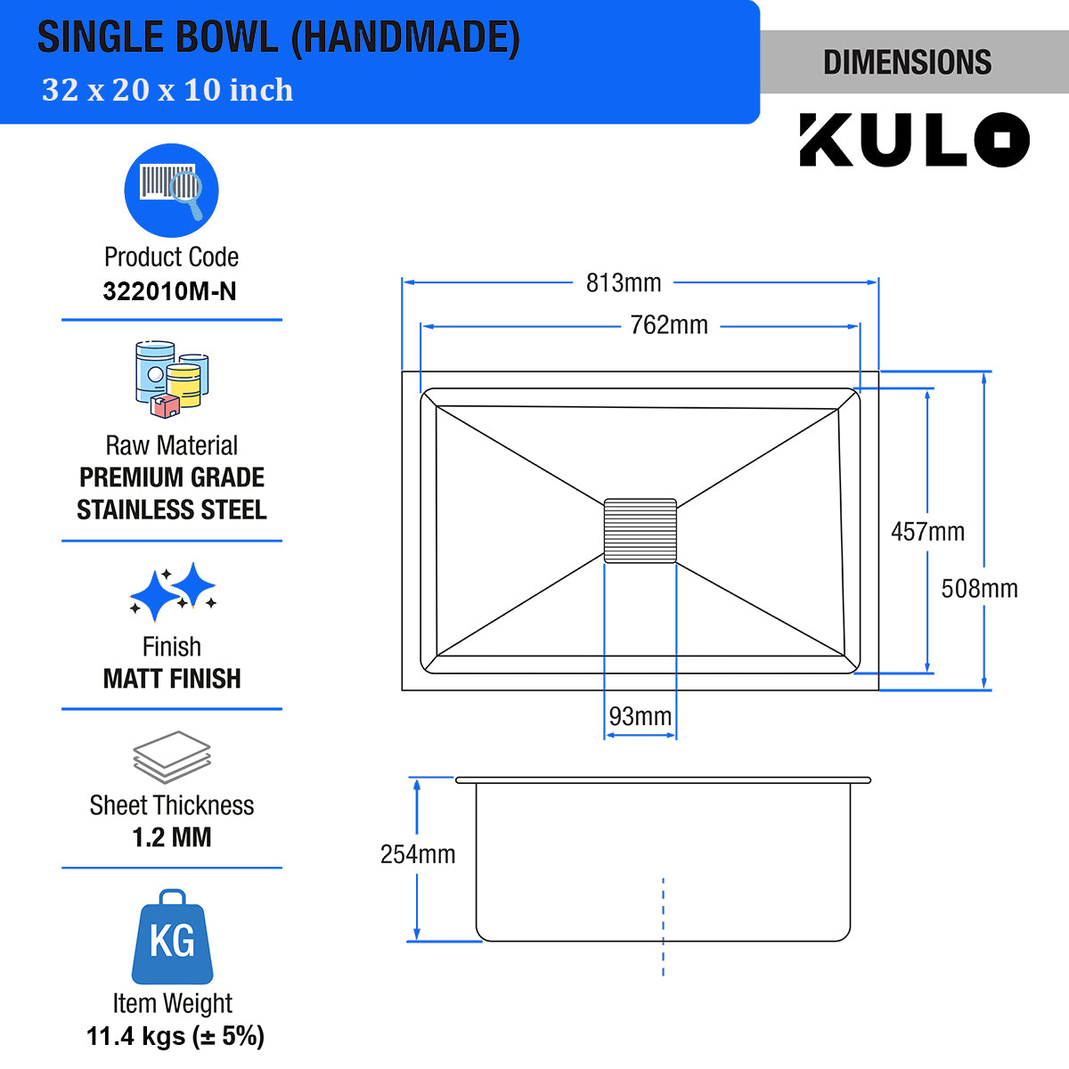 Handmade Single Bowl Premium Stainless Steel Kitchen Sink (32 x 20 x 10 Inches) - by Kulo™