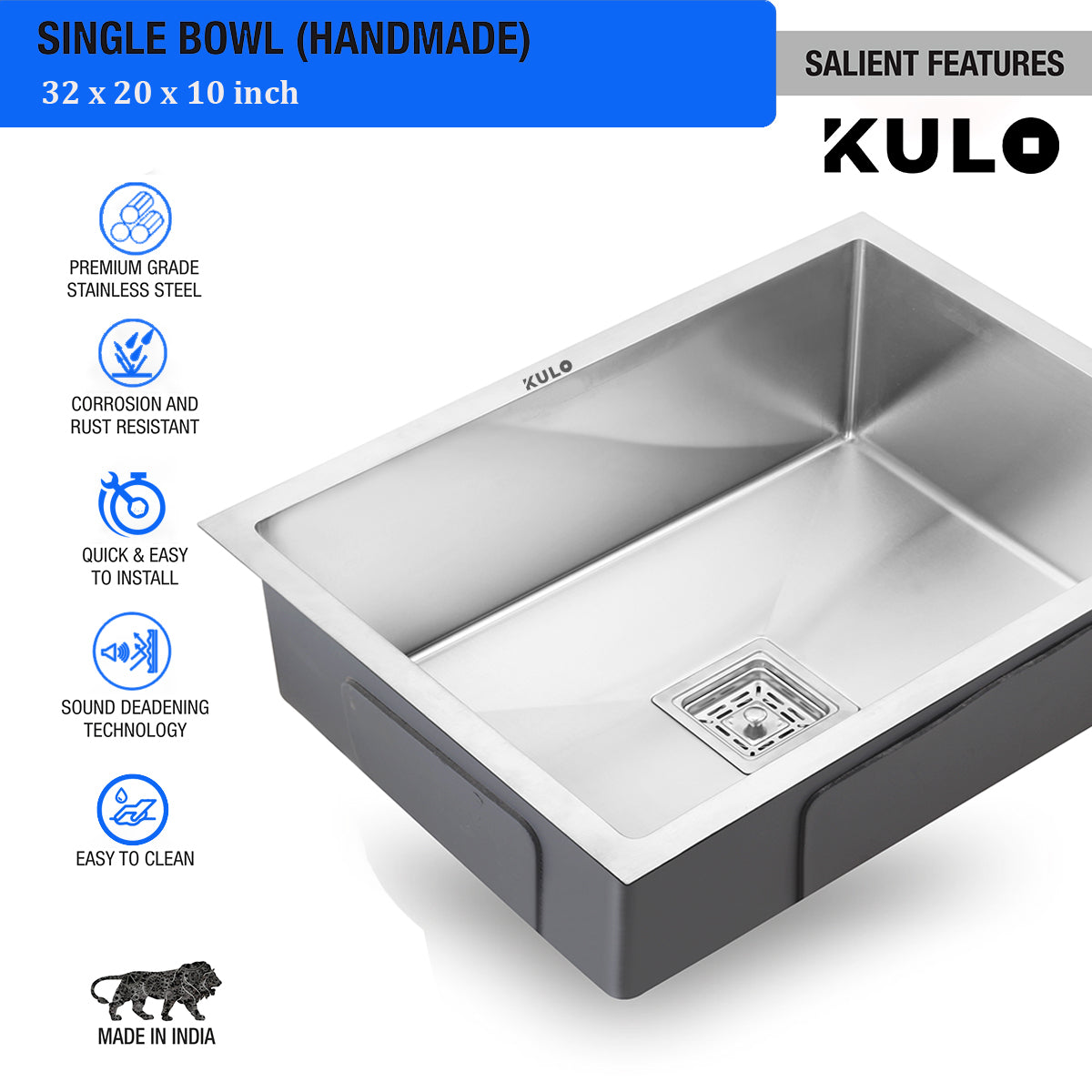 Handmade Single Bowl Premium Stainless Steel Kitchen Sink (32 x 20 x 10 Inches) - by Kulo™