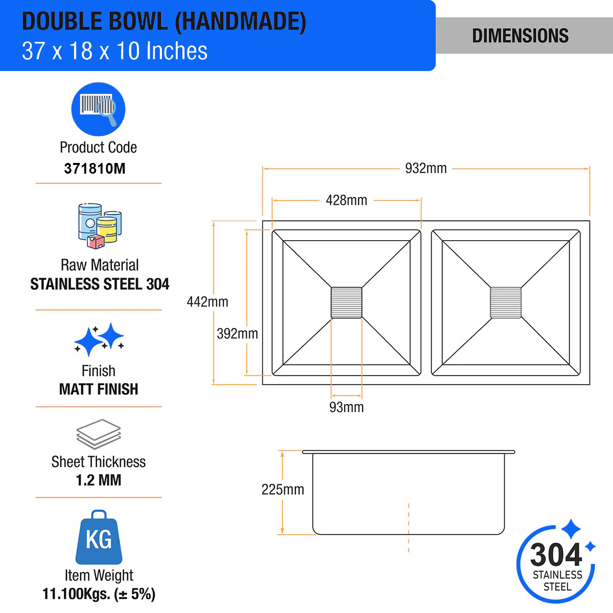 Handmade Double Bowl 304-Grade Kitchen Sink (37 x 18 x 10 Inches) - by Kulo ™