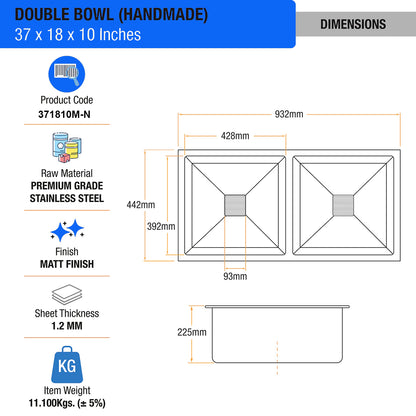 Handmade Double Bowl Premium Stainless Steel Kitchen Sink (37 x 18 x 10 Inches) - by Kulo™