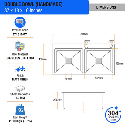 Handmade Double Bowl 304-Grade Kitchen Sink (37 x 18 x 10 Inches) with Tap Hole - by Kulo ™