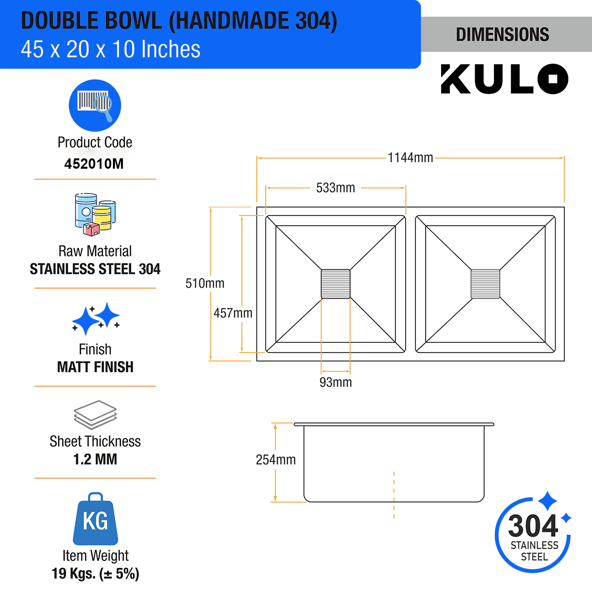 Handmade Double Bowl 304-Grade Kitchen Sink (45 x 20 x 10 Inches) - by Kulo ™