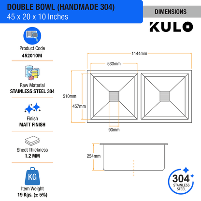 Handmade Double Bowl 304-Grade Kitchen Sink (45 x 20 x 10 Inches) - by Kulo ™