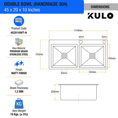 Handmade Double Bowl Premium Stainless Steel Kitchen Sink (45 x 20 x 10 Inches) with tap hole - by Kulo™