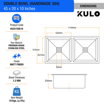 Handmade Double Bowl Premium Stainless Steel Kitchen Sink (45 x 20 x 10 Inches) - by Kulo™