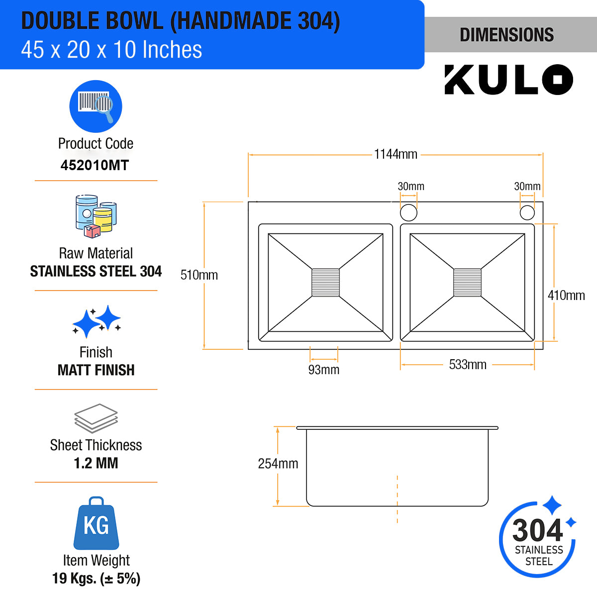 Handmade Double Bowl 304-Grade Kitchen Sink (45 x 20 x 10 Inches) with Tap Hole - by Kulo ™