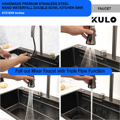 Handmade Premium Nano Kitchen Sink with Integrated Waterfall, Pull-Out & RO Faucet (47 x 18 x 9 Inches) - by Kulo ™