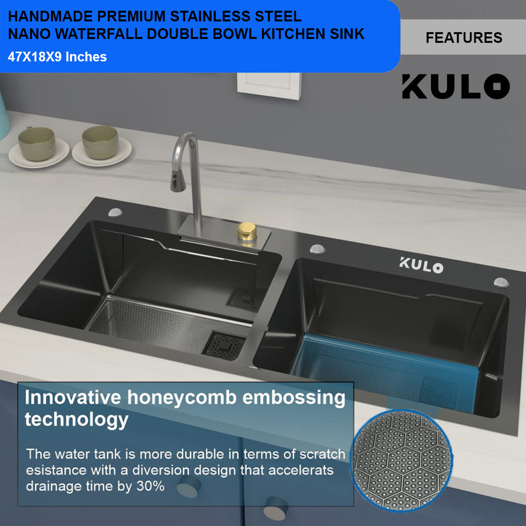 Handmade Premium Nano Kitchen Sink with Integrated Waterfall, Pull-Out & RO Faucet (47 x 18 x 9 Inches) - by Kulo ™