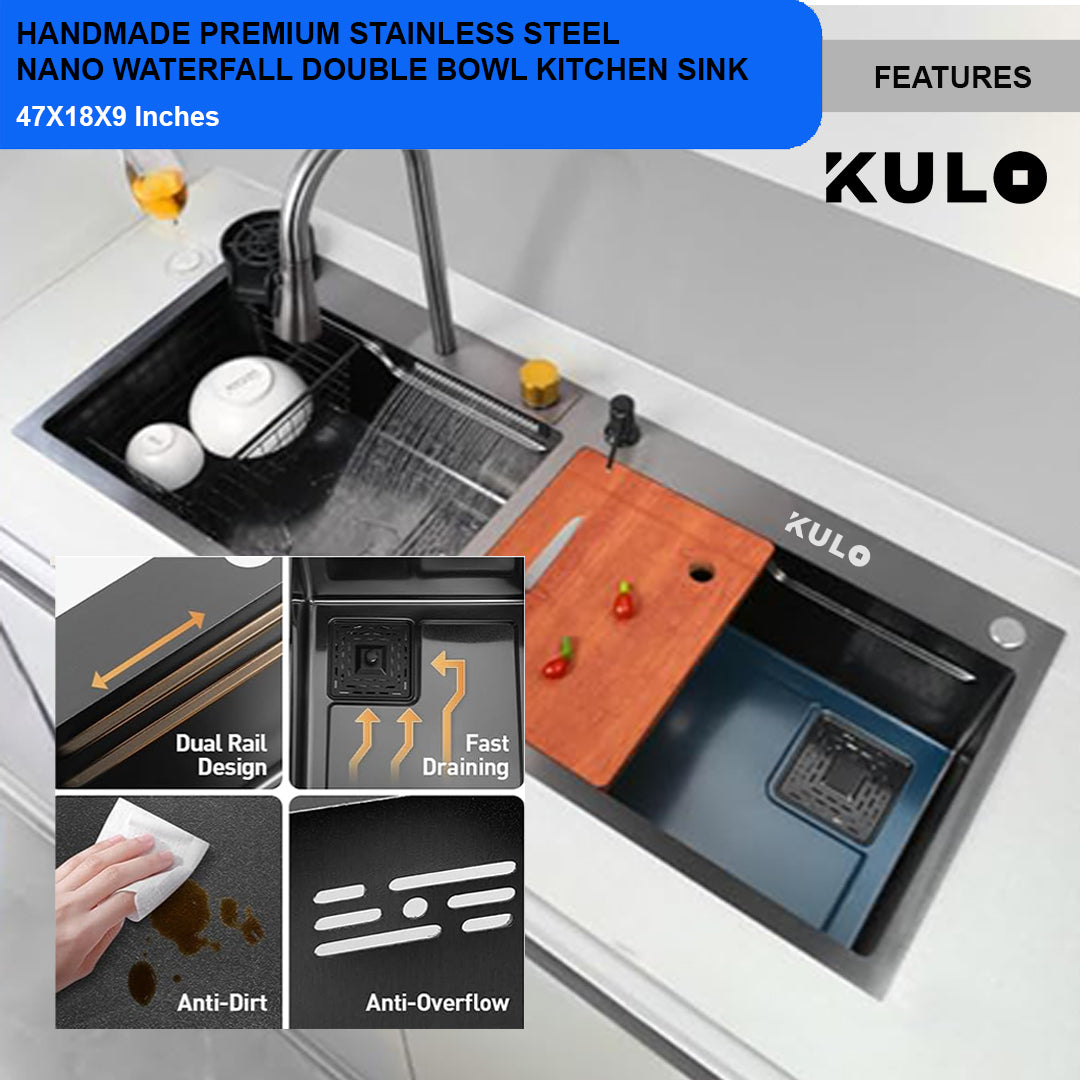 Handmade Premium Nano Kitchen Sink with Integrated Waterfall, Pull-Out & RO Faucet (47 x 18 x 9 Inches) - by Kulo ™