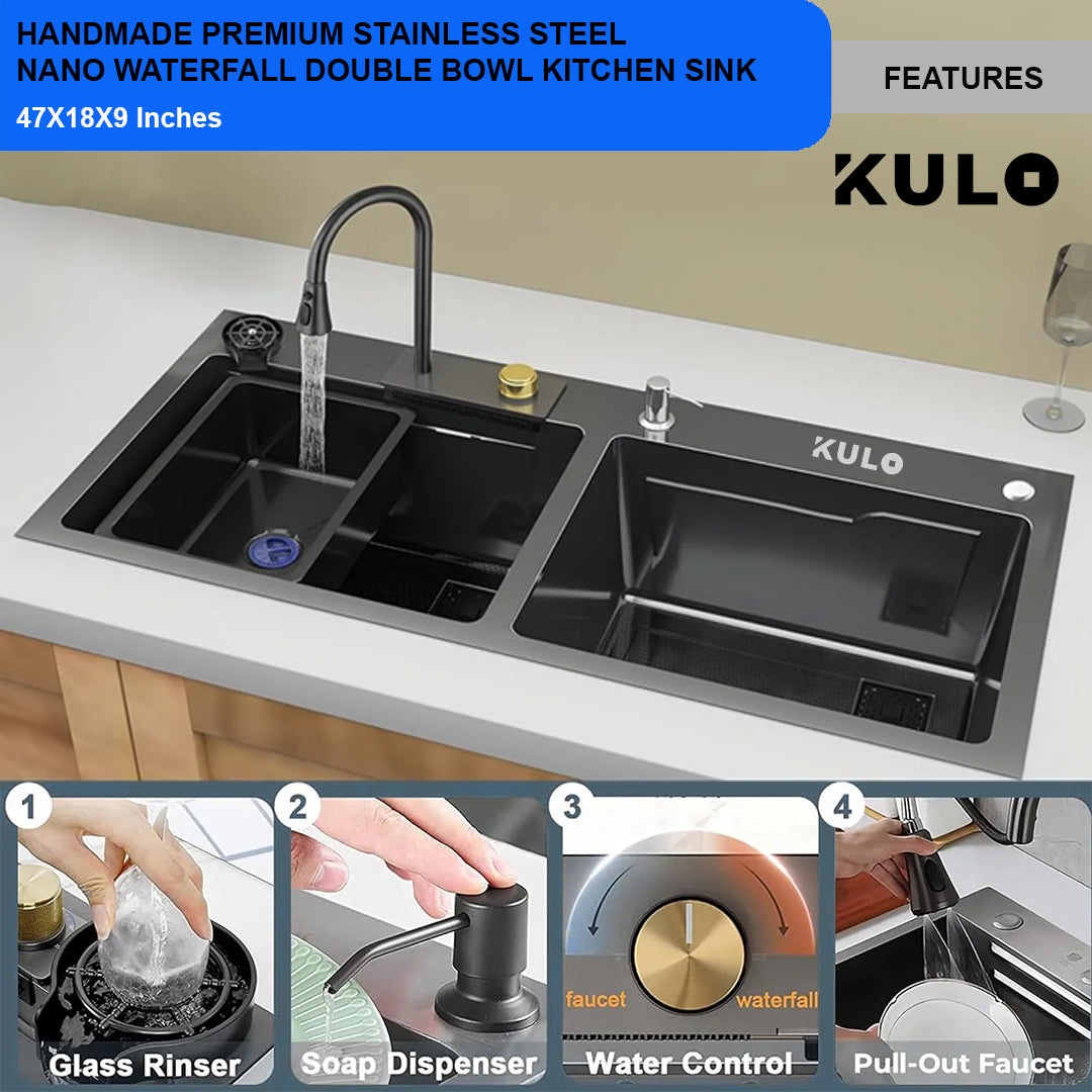 Handmade Premium Nano Kitchen Sink with Integrated Waterfall, Pull-Out & RO Faucet (47 x 18 x 9 Inches) - by Kulo ™