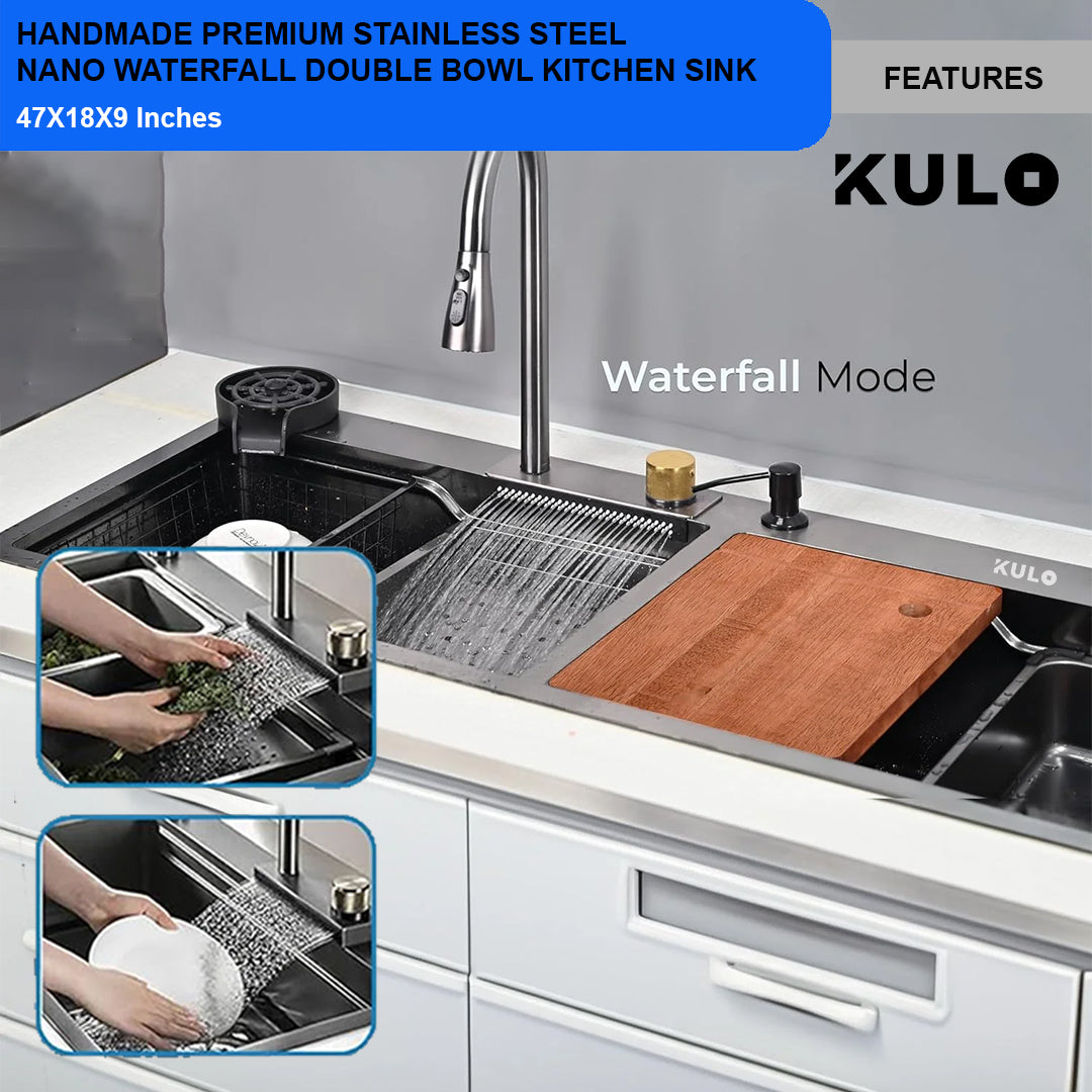 Handmade Premium Nano Kitchen Sink with Integrated Waterfall, Pull-Out & RO Faucet (47 x 18 x 9 Inches) - by Kulo ™