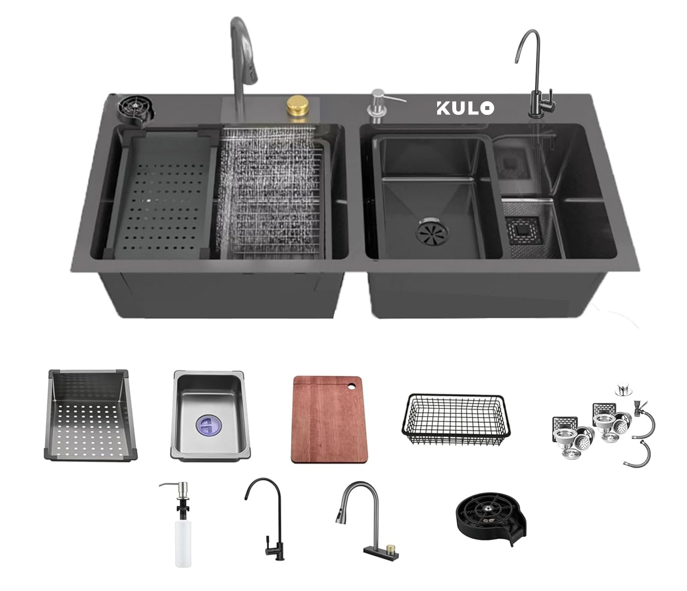 Handmade Premium Nano Kitchen Sink with Integrated Waterfall, Pull-Out & RO Faucet (47 x 18 x 9 Inches) - by Kulo ™