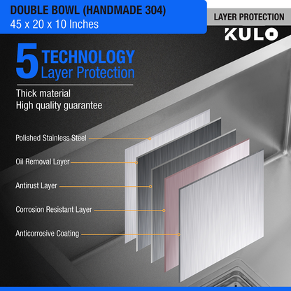 Handmade Double Bowl Premium Stainless Steel Kitchen Sink (45 x 20 x 10 Inches) - by Kulo™