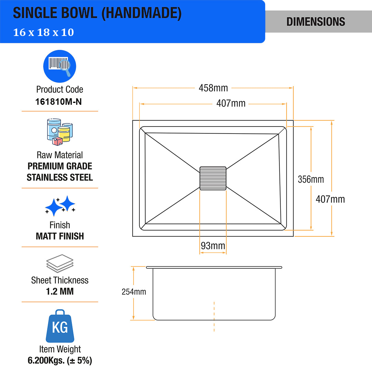 Handmade Single Bowl Premium Stainless Steel Kitchen Sink (16 x 18 x 10 Inches) - by Kulo™