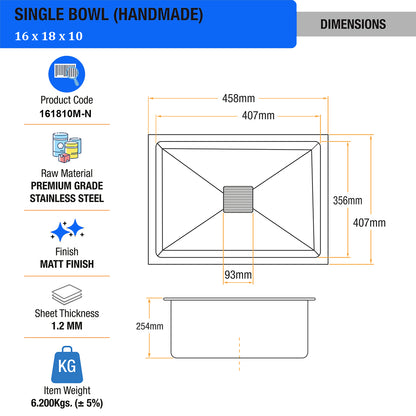 Handmade Single Bowl Premium Stainless Steel Kitchen Sink (16 x 18 x 10 Inches) - by Kulo™