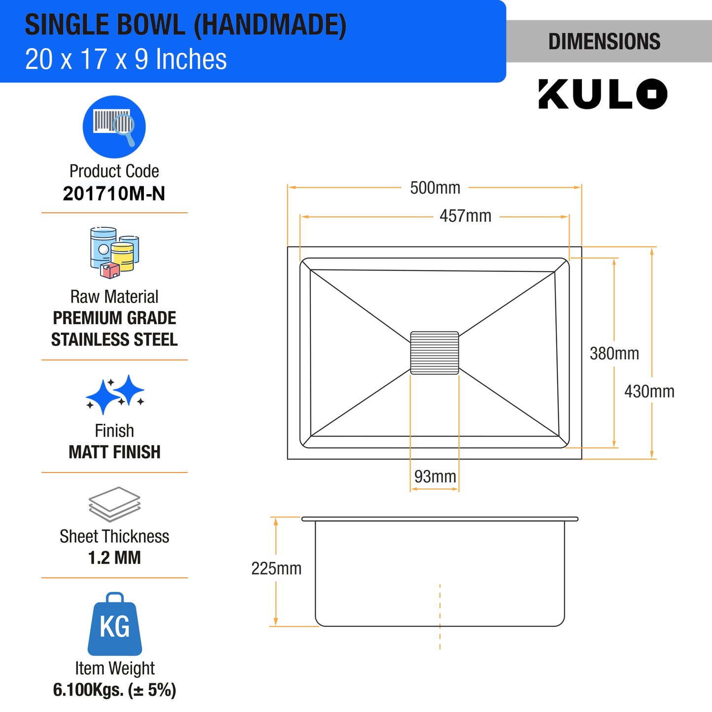 Handmade Single Bowl Premium Stainless Steel Kitchen Sink (20 x 17 x 10 Inches) - by Kulo™