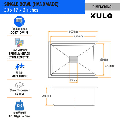 Handmade Single Bowl Premium Stainless Steel Kitchen Sink (20 x 17 x 10 Inches) - by Kulo™