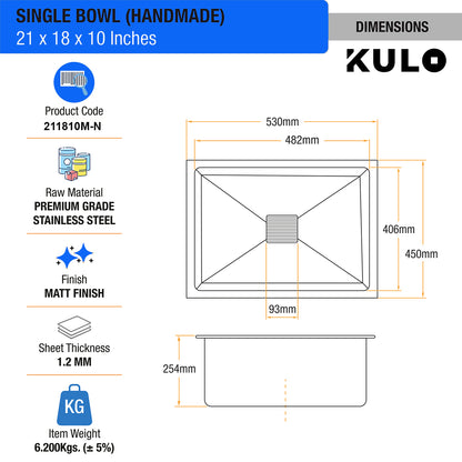 Handmade Single Bowl Premium Stainless Steel Kitchen Sink (21 x 18 x 10 Inches) - by Kulo™