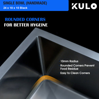 Black Handmade Single Bowl Premium Stainless Steel Kitchen Sink (24x 18 x 10 Inches) - by Kulo™