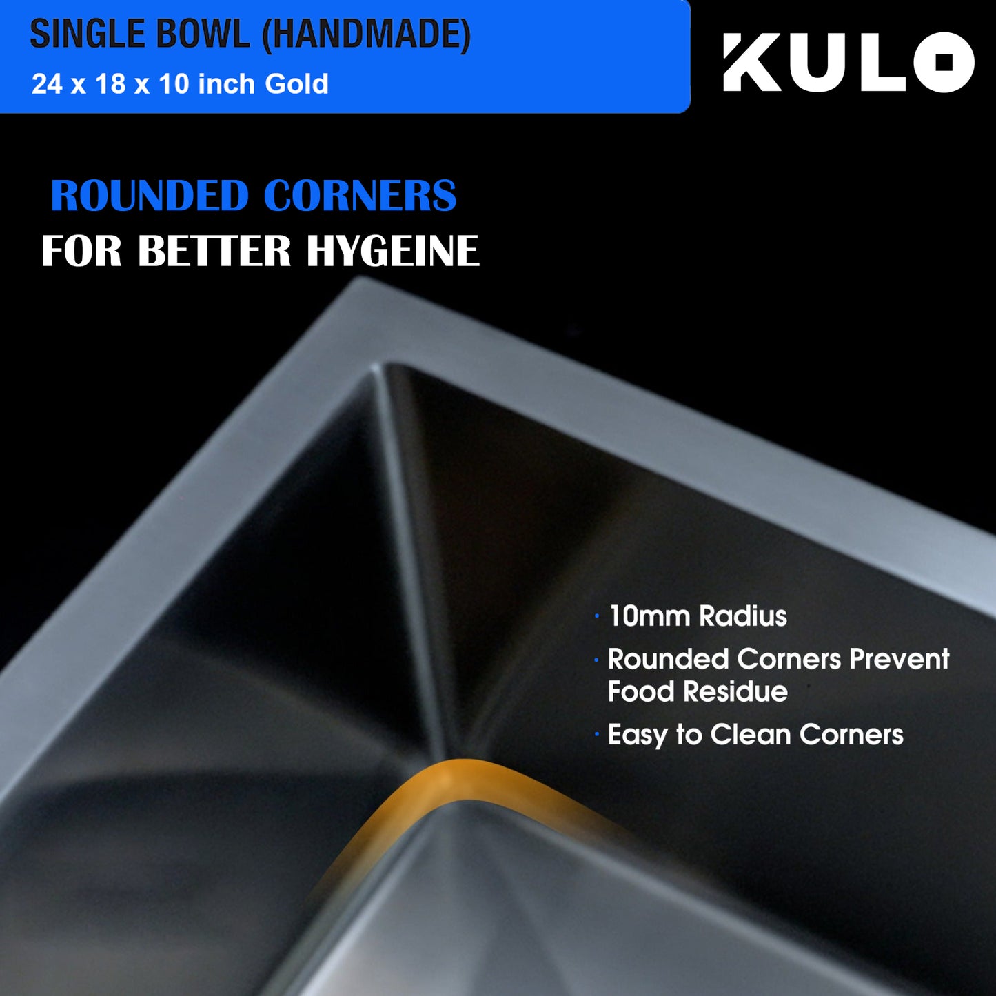 Gold Handmade Single Bowl Premium Stainless Steel Kitchen Sink (24x 18 x 10 Inches) - by Kulo™