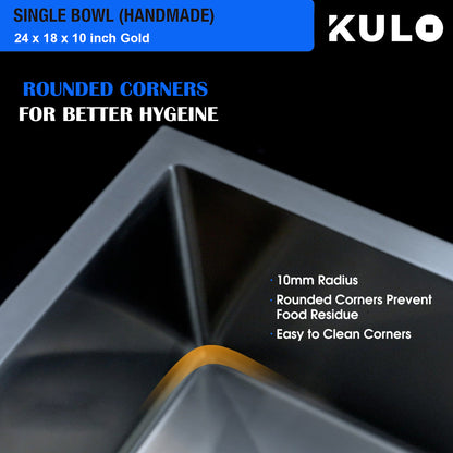 Gold Handmade Single Bowl Premium Stainless Steel Kitchen Sink (24x 18 x 10 Inches) - by Kulo™