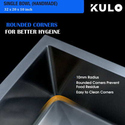 Handmade Single Bowl Premium Stainless Steel Kitchen Sink (32 x 20 x 10 Inches) - by Kulo™