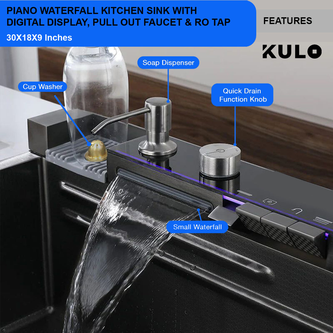 Piano Waterfall Kitchen Sink with Digital Display, Pull-out Faucet & RO Tap (30 x 18 x 9 inches) - by Kulo™